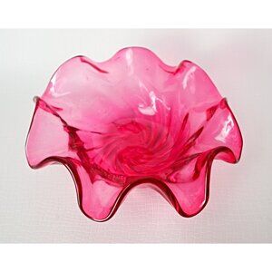 Vintage Cranberry Hand Blown Glass Ruffled Bowl Candy Dish Centerpiece